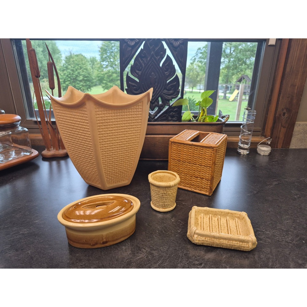 Vintage Fesco Wastebasket Signed Studio Pottery Soap Dish Cup Bathroom Set Decor